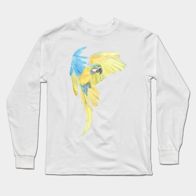 blue and gold macaw - watercolor parrot portrait Long Sleeve T-Shirt by Oranjade0122